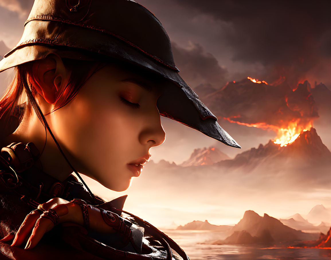 Pensive woman in hat with volcanic eruptions and fiery sky