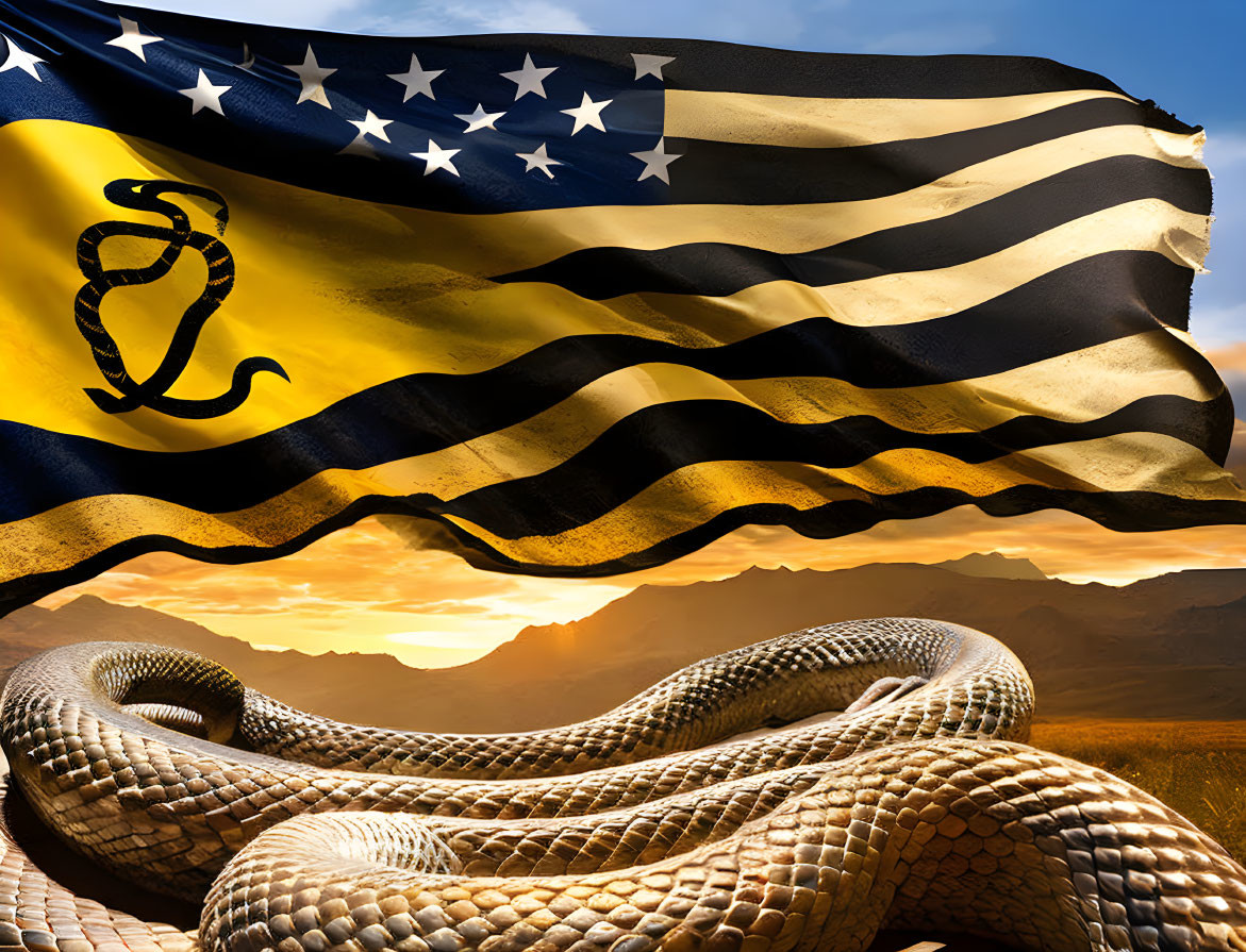 American flag with coiled snake and yellow stripe waving in desert sunset