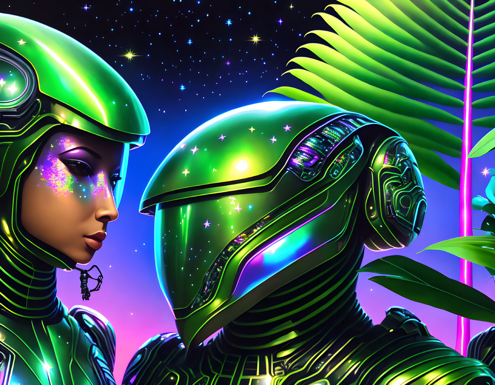 Two characters in glowing star-patterned helmets against cosmic background with green foliage.