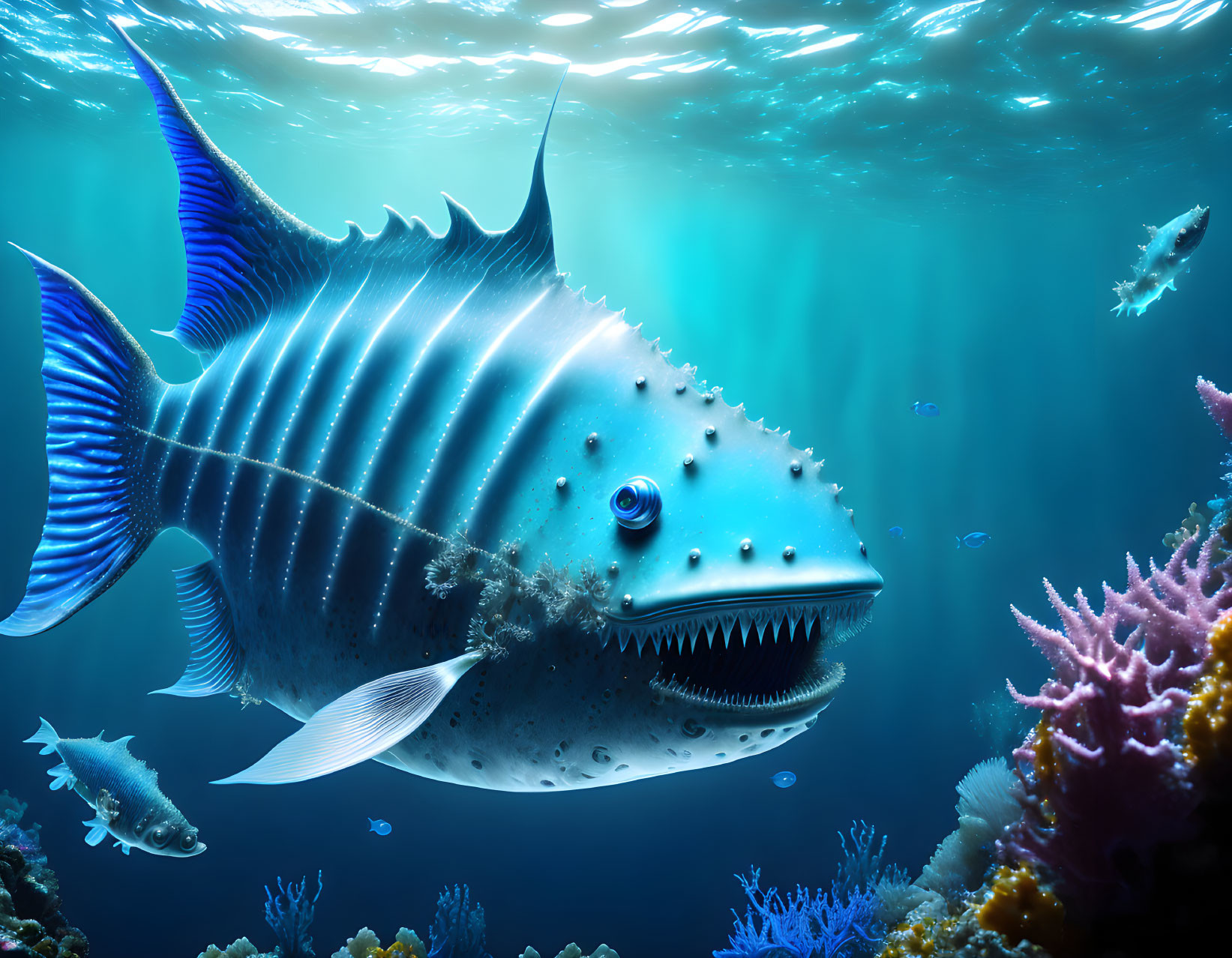 Stylized metallic fish with sharp teeth in vibrant underwater scene