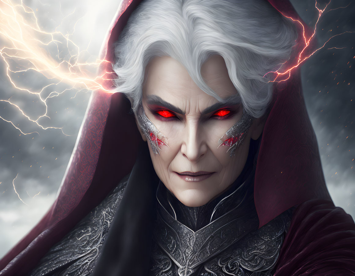 Fantasy character portrait with red eyes, white hair, lightning, dark armor, and red cloak