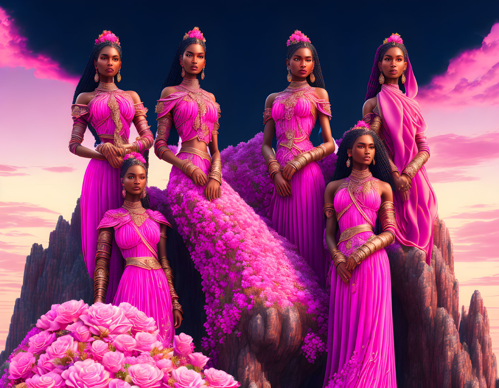 Six animated women in regal pink and gold attire on rocky landscape with pink floral arrangements