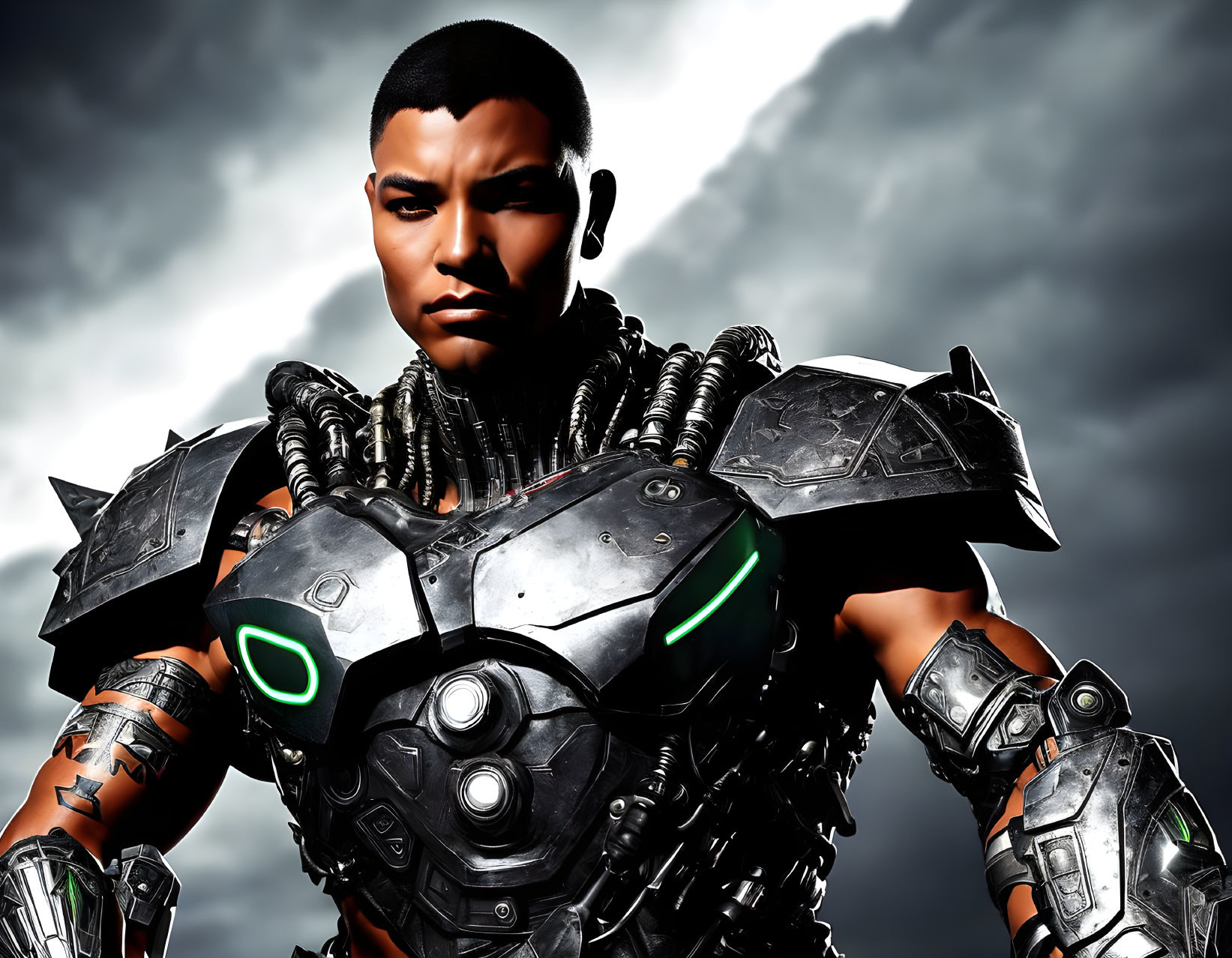 Confident person in futuristic armor with green lights under stormy sky