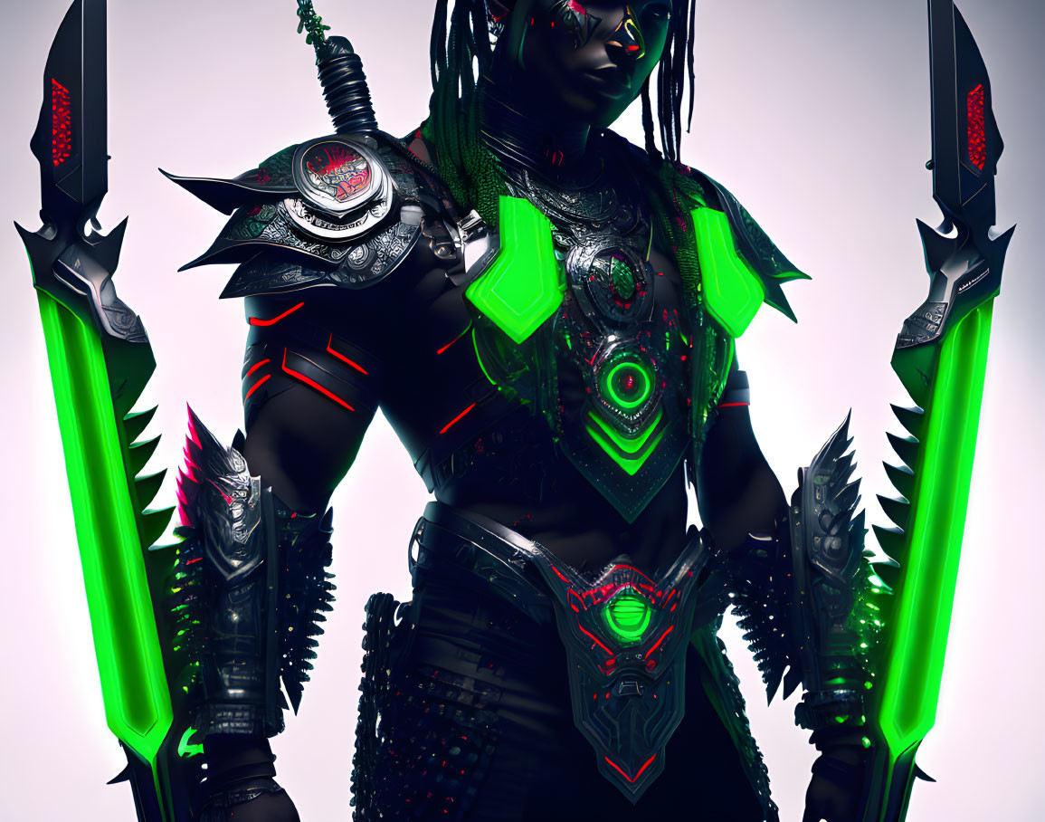 Futuristic warrior in glowing green and red armor with intricate designs