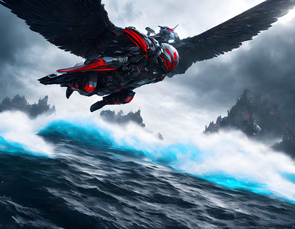 Futuristic rider in red and black armor on giant mechanical bird over stormy ocean waves