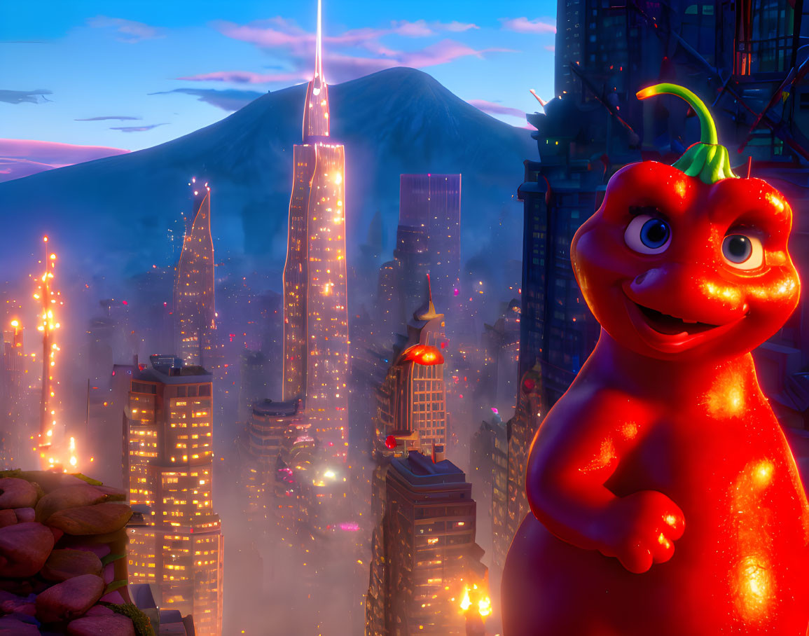 Animated red dragon in front of glowing cityscape at twilight