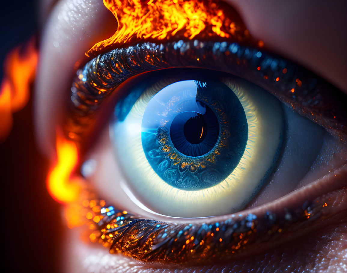 Close-up of stylized human eye with blue iris engulfed in flames and fiery orange and gold adorn