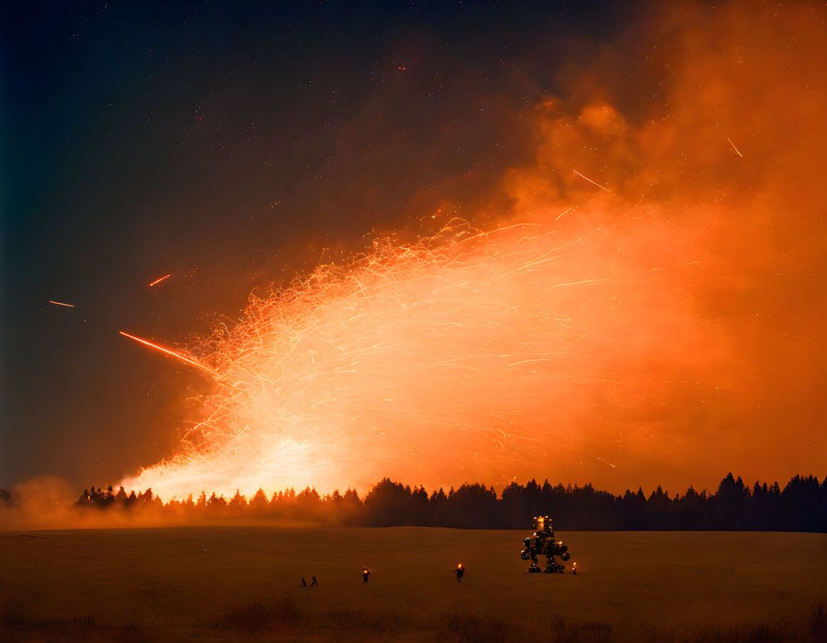 Night sky explosion illuminates field with silhouetted observers