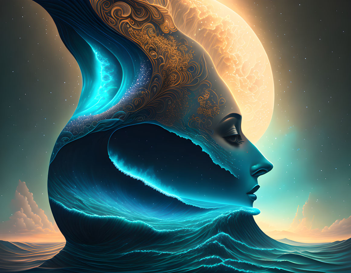 Surreal woman's profile merges with moon over seascape at sunset