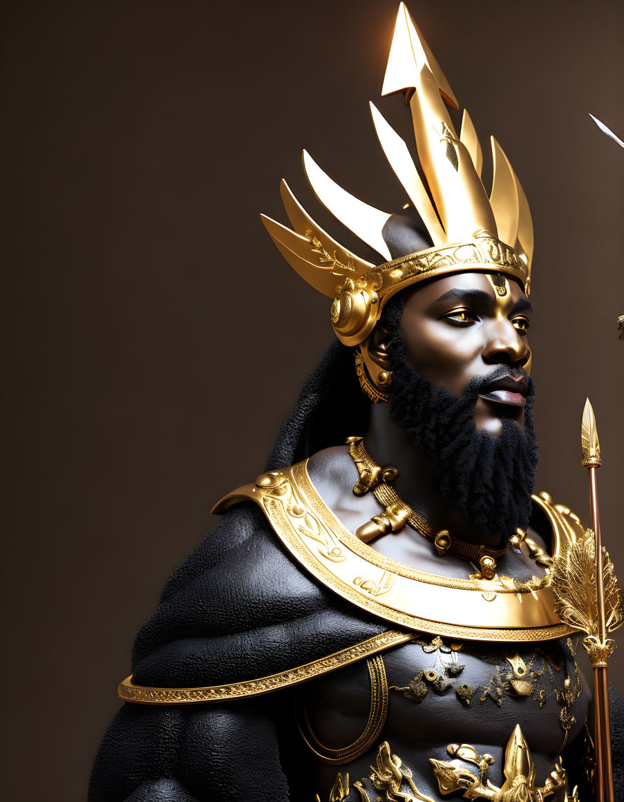 Majestic king with golden crown and armor holding scepter on dark background