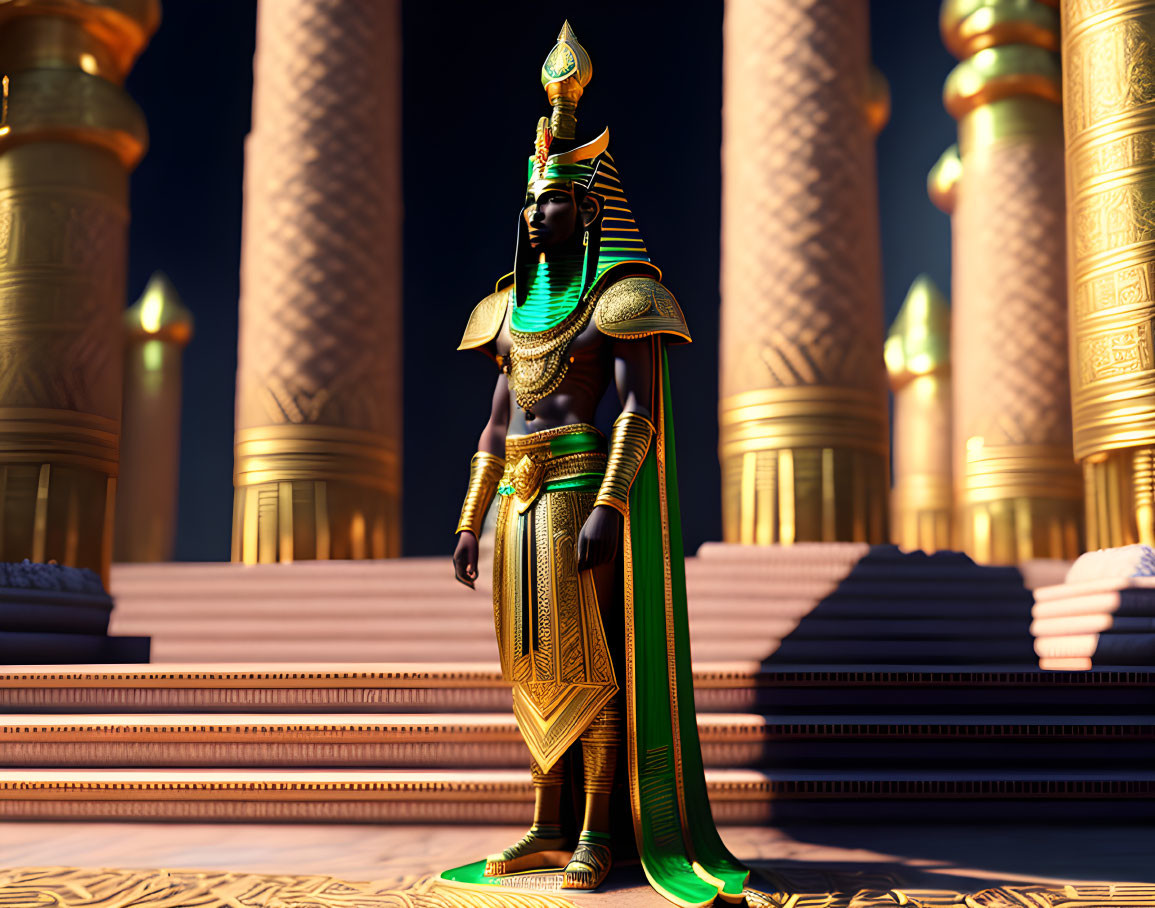 Ancient Egyptian pharaoh 3D rendering with traditional attire and pillars