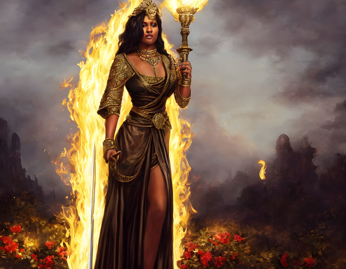 Majestic woman in golden dress holding flaming torch in fiery landscape