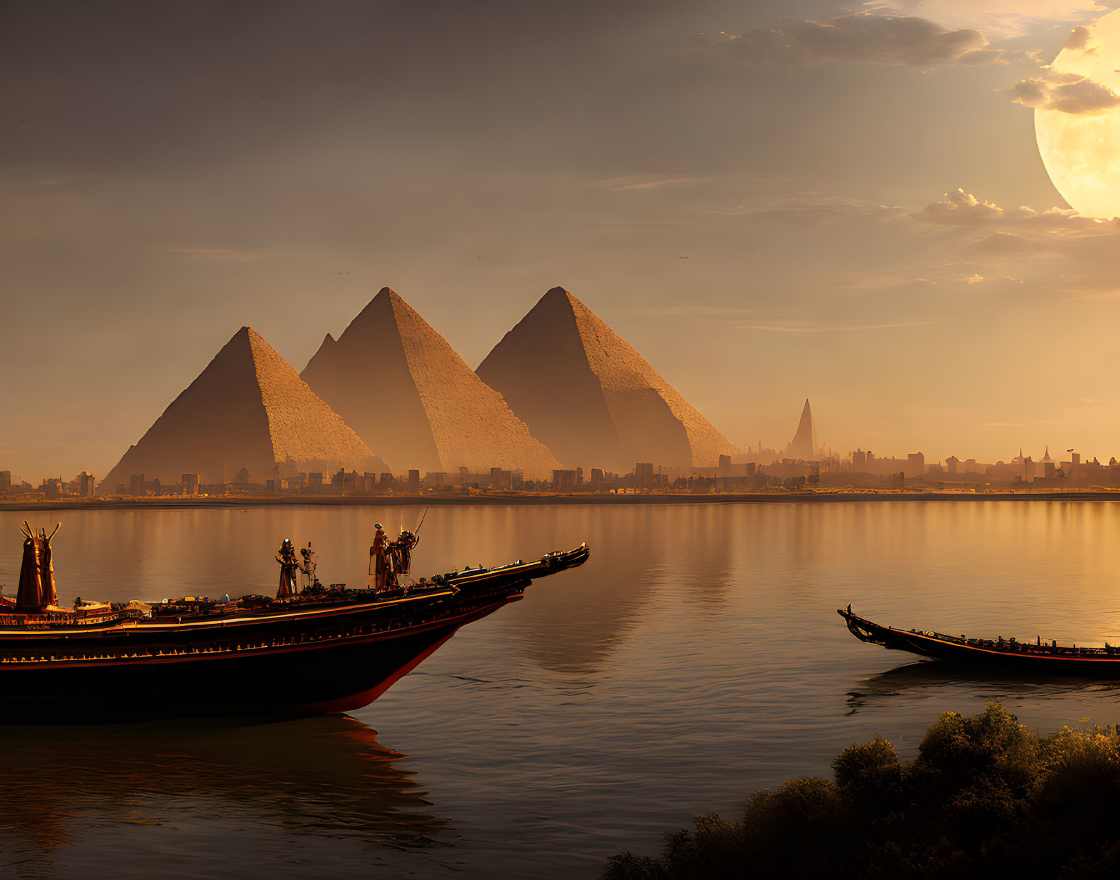 River scene with boats, Great Pyramids of Giza, sunset, large moon