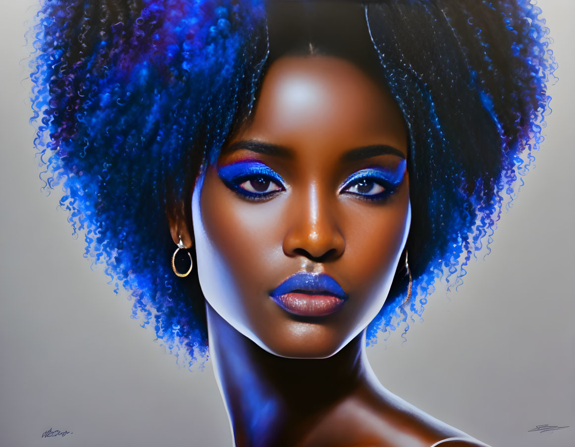 Portrait of Woman with Striking Blue Makeup and Curly Blue Hair