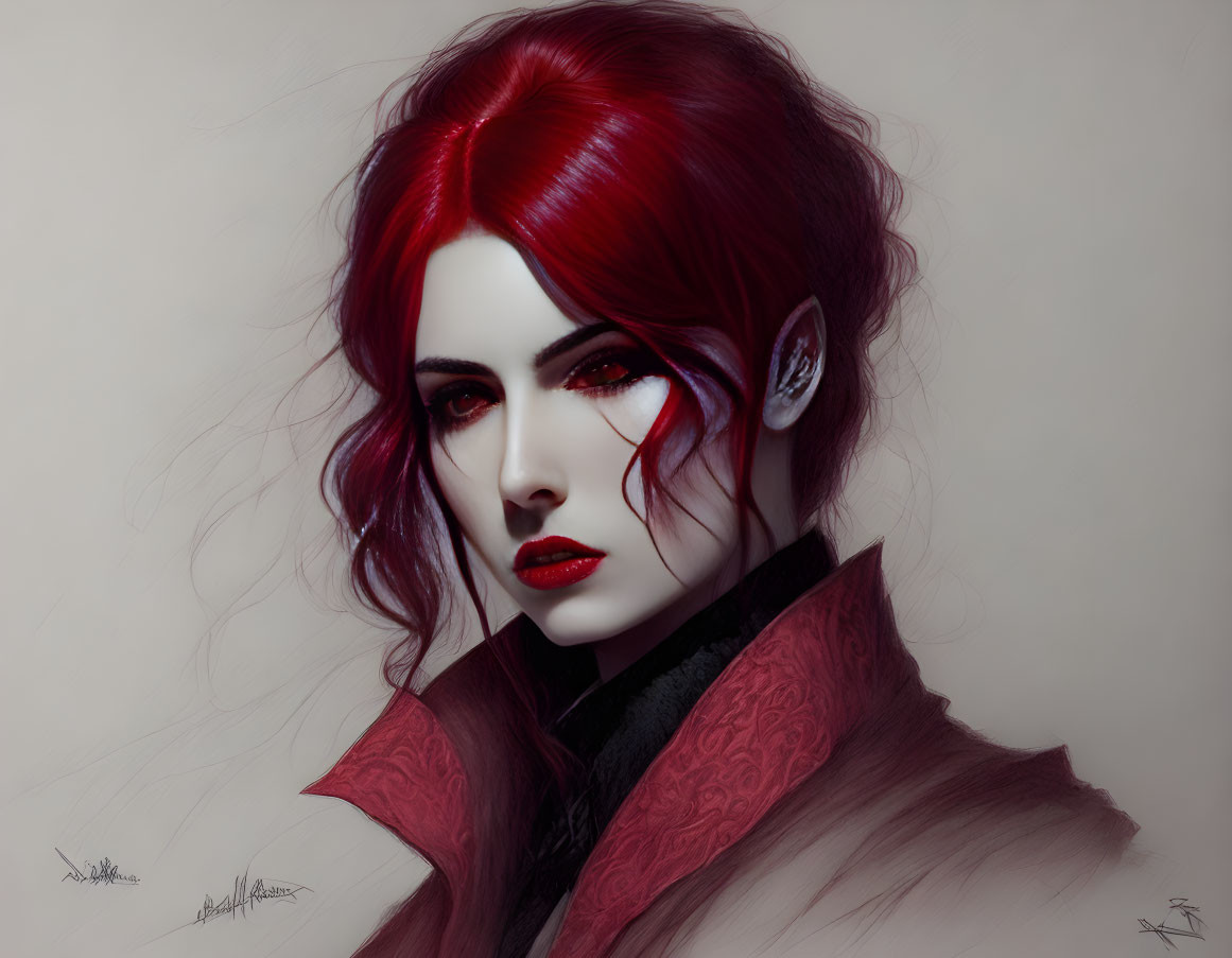 Fantasy character digital art: red-haired, pale skin, white eyes, pointed ears, dark collar