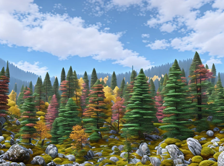 Colorful Autumn Forest Landscape with Rocks and Blue Sky