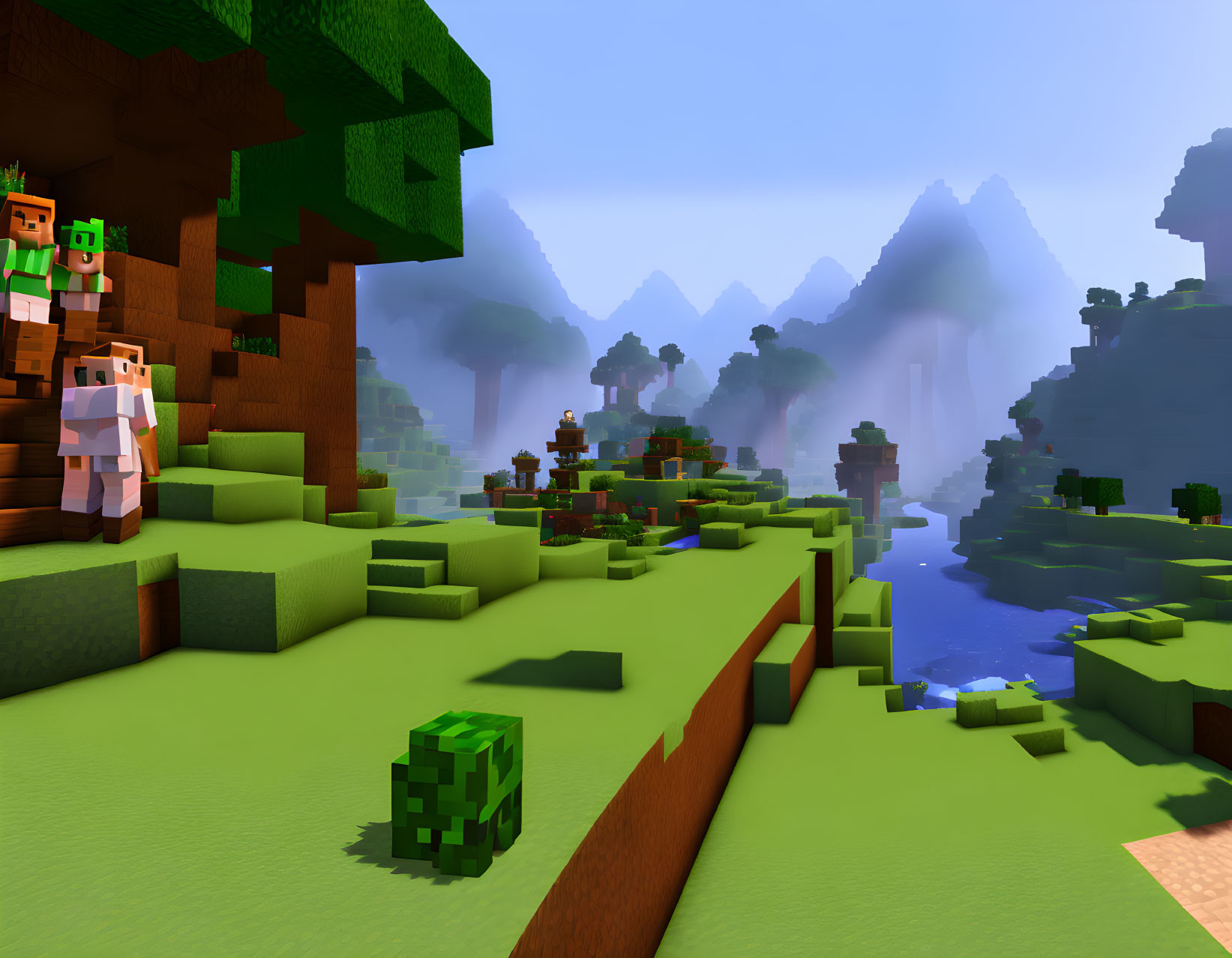 Colorful Minecraft Landscape with Green Terrain, Trees, Character, Sheep, and Misty Mountains