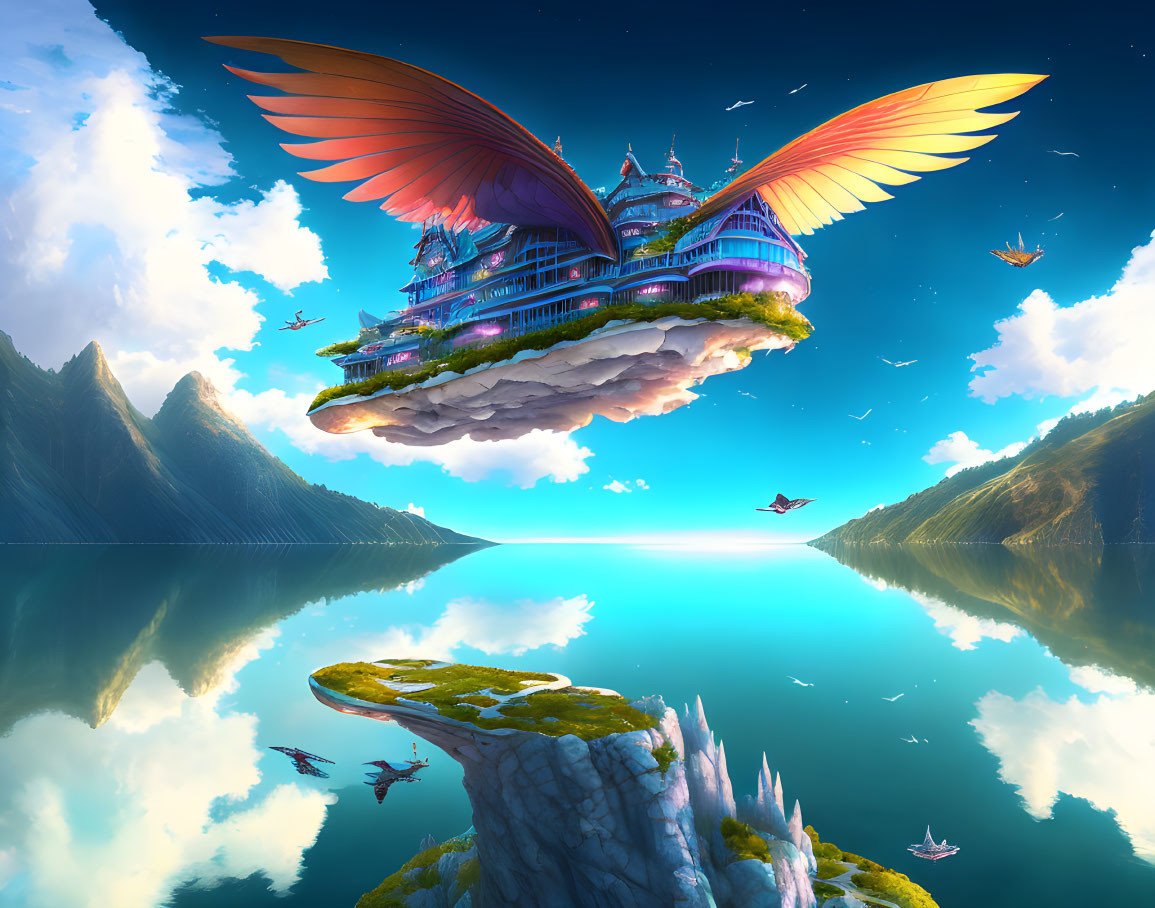 Colorful wings, floating island, grand palace in serene landscape