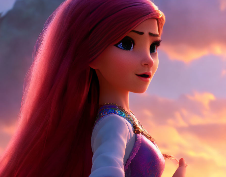 Animated female character with long purple hair and dress against warm sunset background