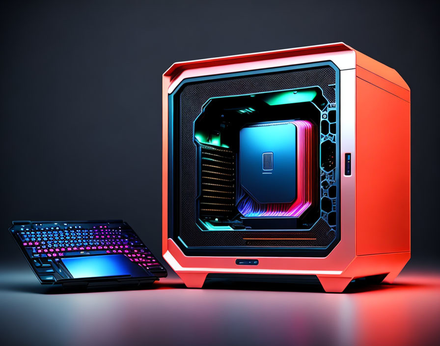 Red and Black Gaming PC with RGB Keyboard on Moody Background