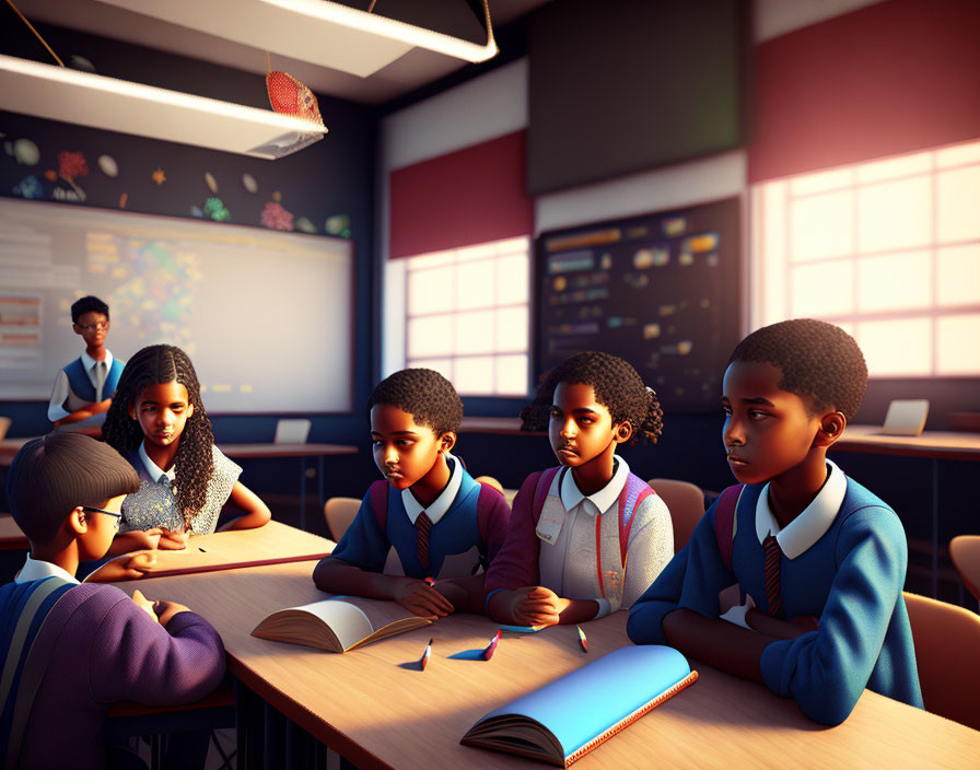 Animated students in uniforms discussing in classroom with teacher overseeing