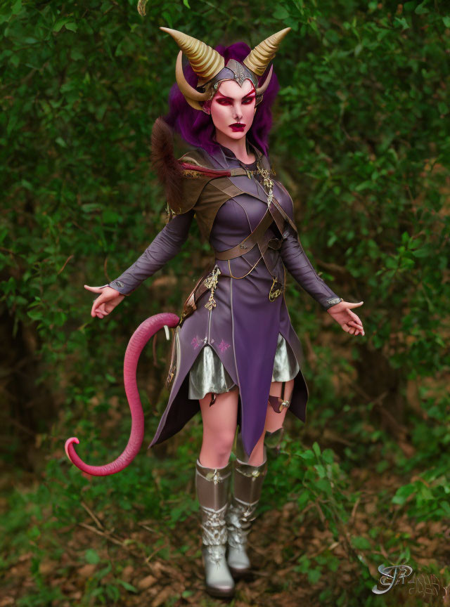 Fantasy character cosplay with purple hair, horns, tail, and armor in woodland setting