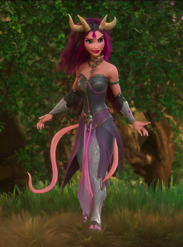 Fantasy character with purple hair, horns, tail, armor, in forest