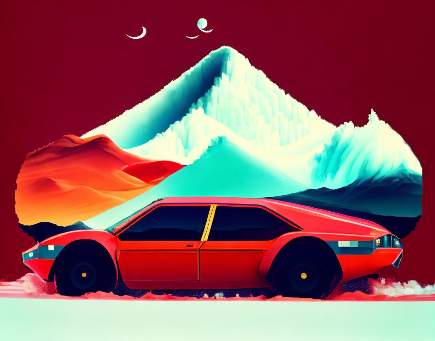 Red Futuristic Car Against Colorful Mountain Backdrop with Red Sky and Crescent Moons