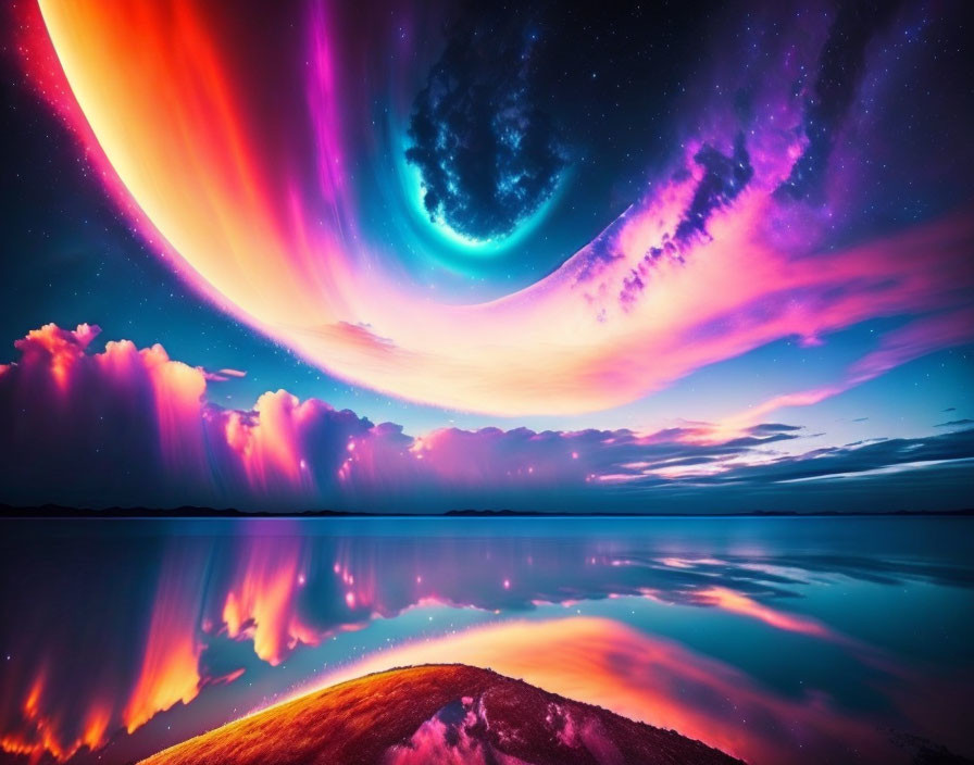 Surreal landscape with luminous aurora and tranquil water