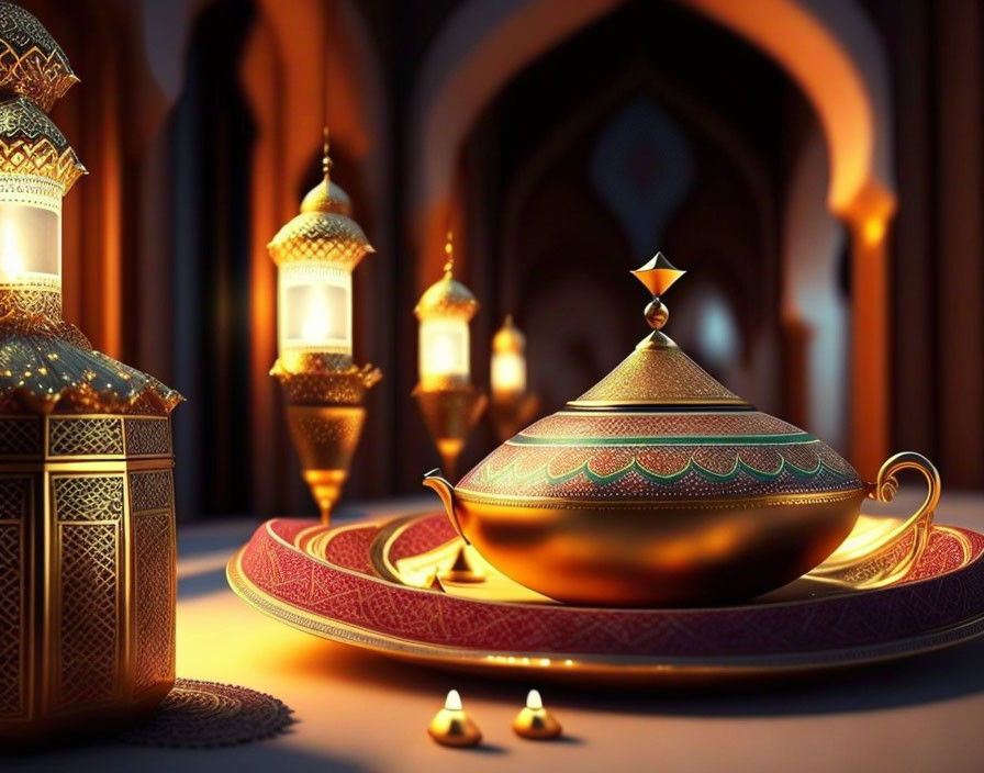 Golden ornate magic lamp on tray with lit candles against archway backdrop