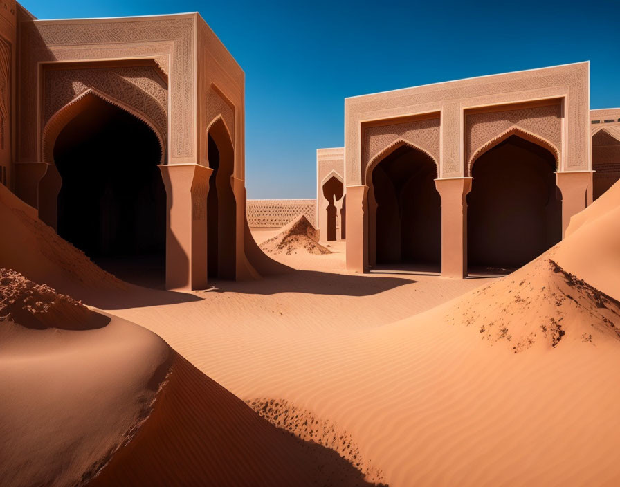 Desert Architecture with Arched Doorways and Sand Dunes