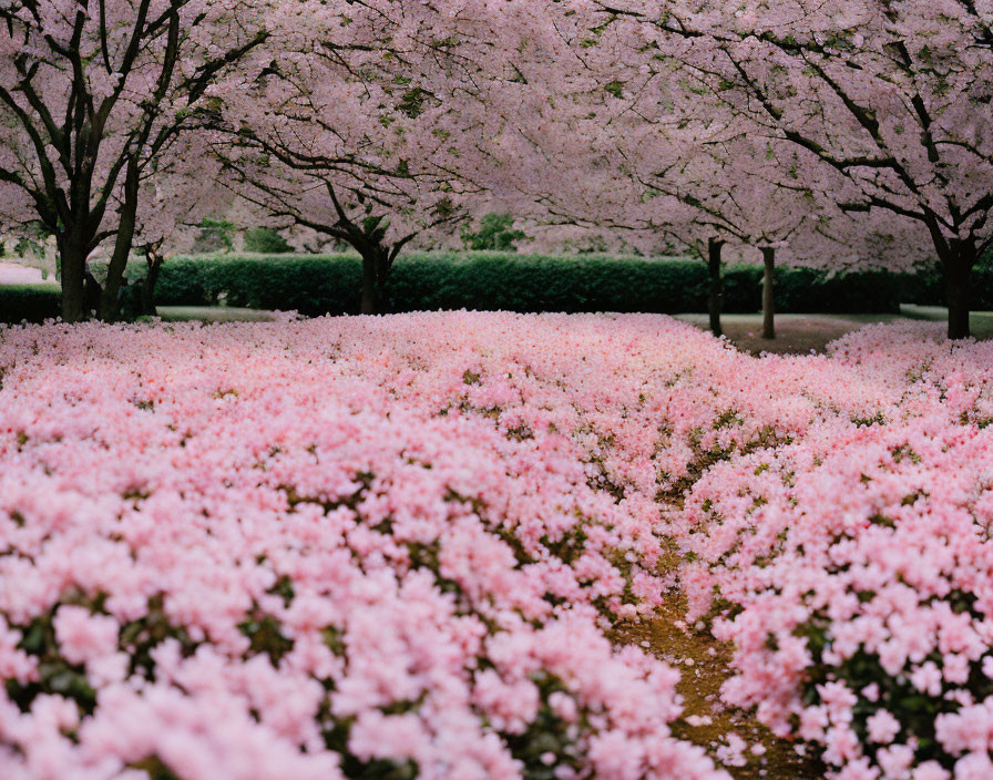 Tranquil Path with Pink Cherry Blossoms and Flowers in Spring