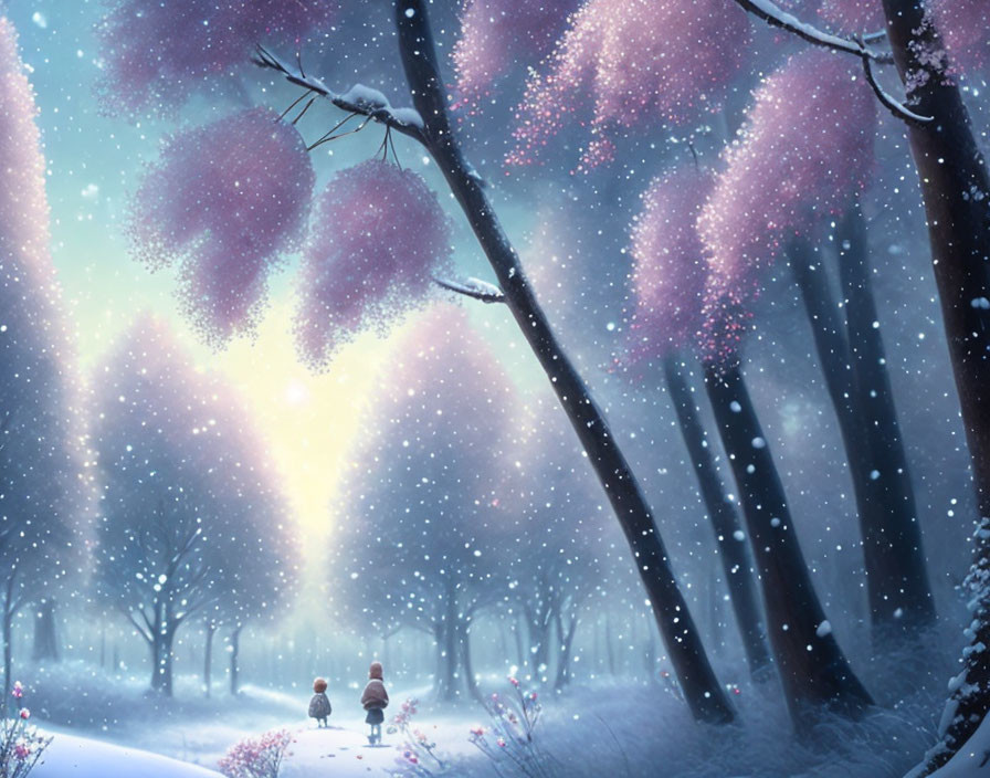 Snowy forest with pink blossoming trees and two figures walking.