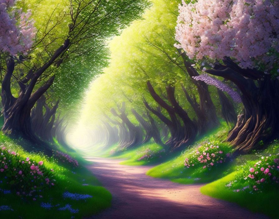 Enchanted Forest Pathway with Pink and Green Flowering Trees