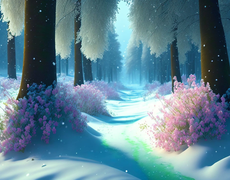 Winter scene with snowy woods, pink flowers, and blue sky