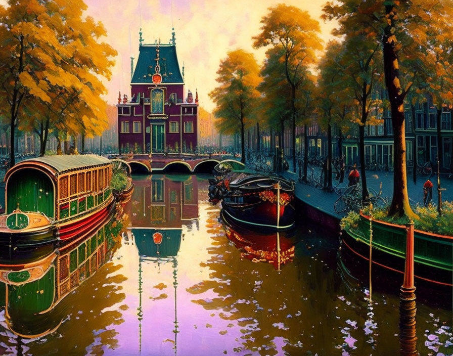 Autumn scene in Amsterdam: houseboats, canal, historical building, orange trees