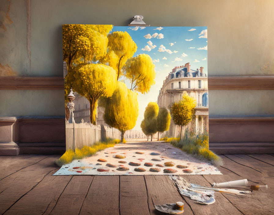 Vibrant Sunny Street Scene Painting with 3D Effect on Canvas