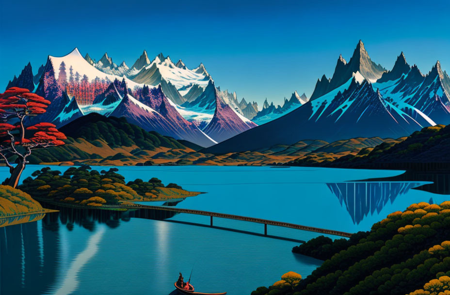 Tranquil landscape with blue lake, mountains, bridge, boat, and colorful sky