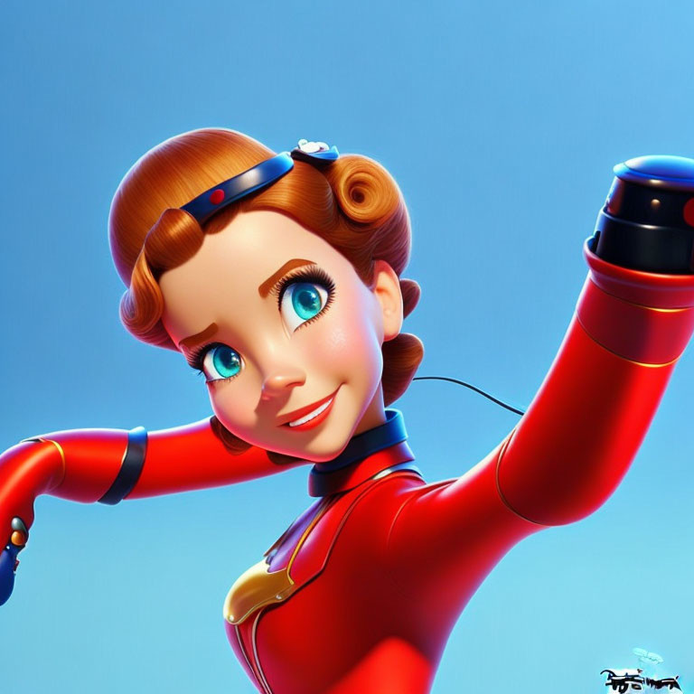 Stylized animated female character with red hair and blue eyes in superhero suit on blue background