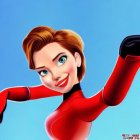 Stylized animated female character with red hair and blue eyes in superhero suit on blue background