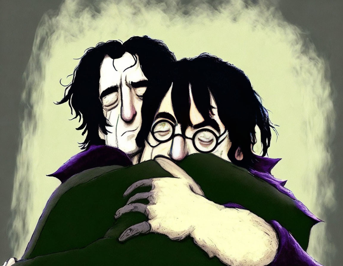 Emotional embrace between two characters with glasses showing consolation.