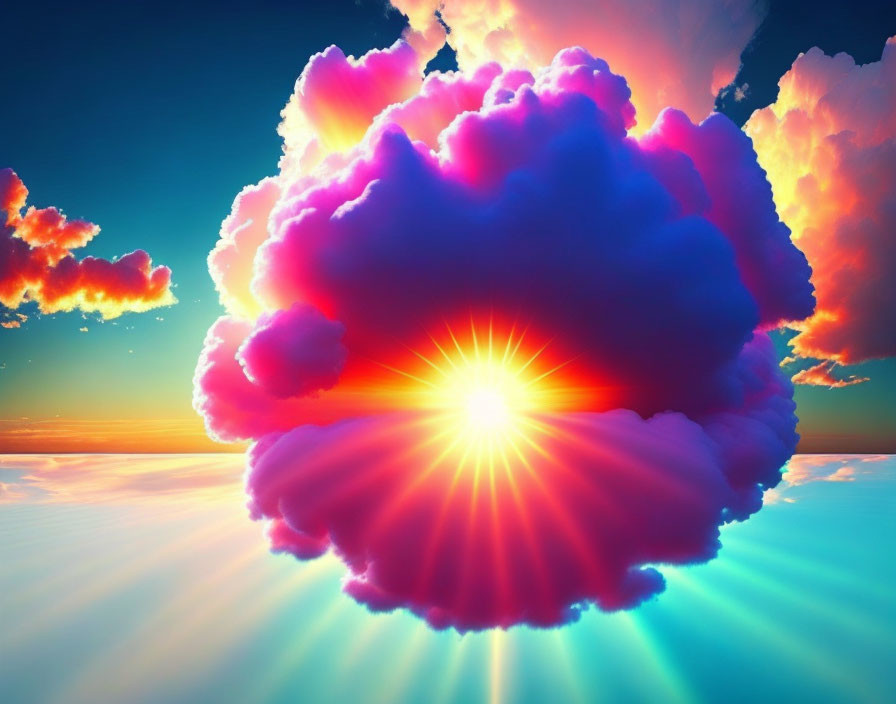 Colorful Sunset with Heart-Shaped Cloud and Sun Rays