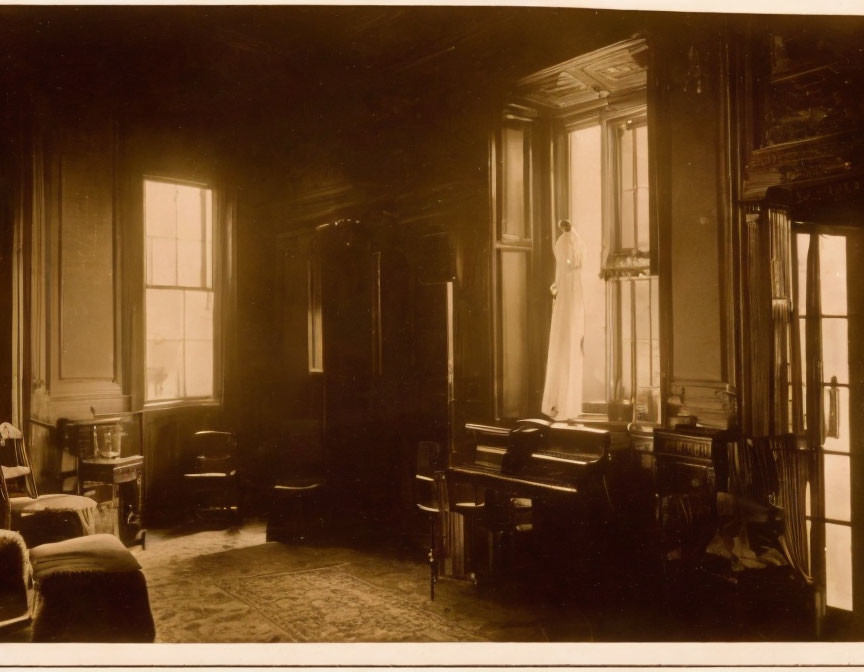 Vintage interior with grand piano, elegant furniture, and figure by window in sepia tones