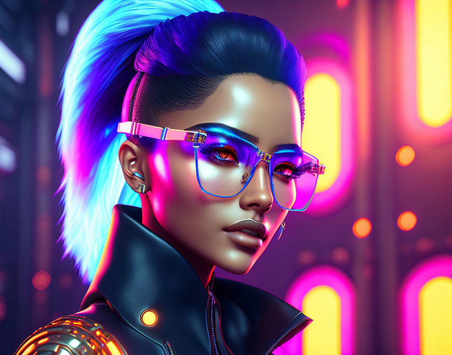 Colorful digital illustration: Woman with blue hair and neon glasses on vibrant backdrop