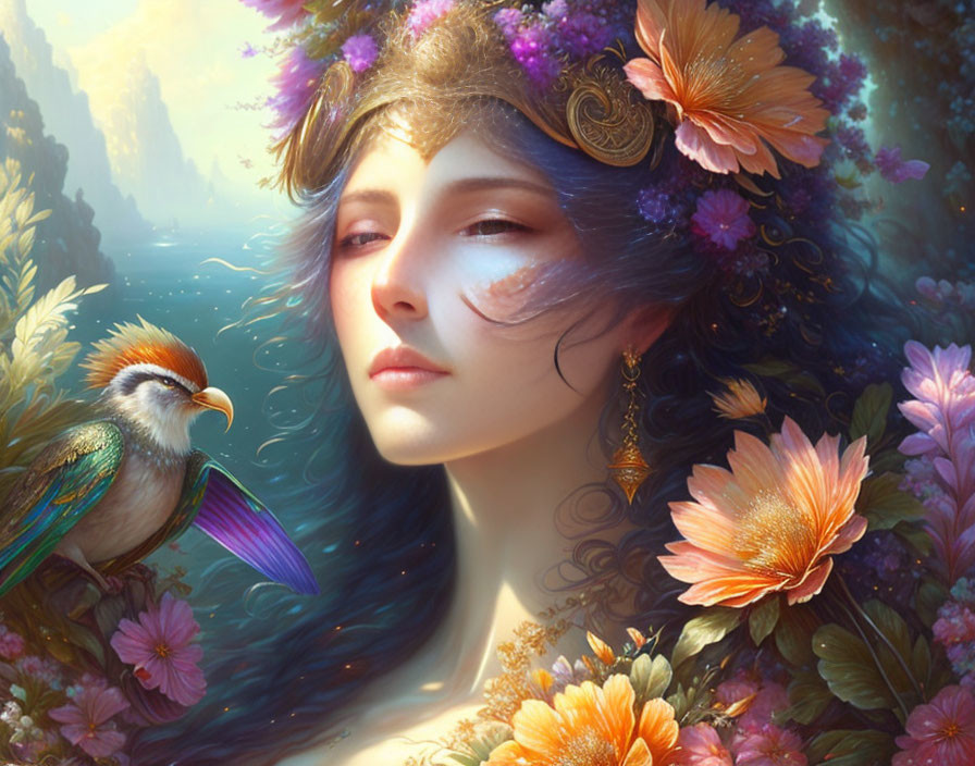 Serene woman with floral crown and bird in fantasy forest landscape