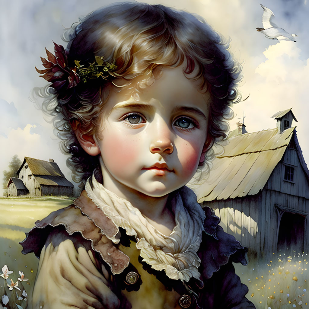 Young Child with Curly Hair Wearing Leafy Crown in Pastoral Setting