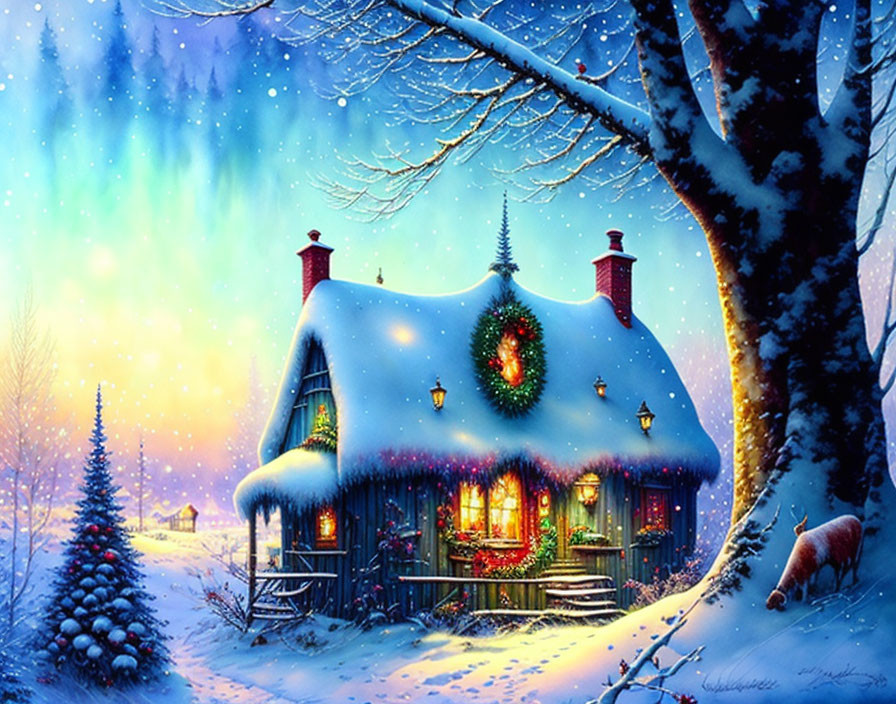 Snowy Christmas cottage in twilight with warm lights