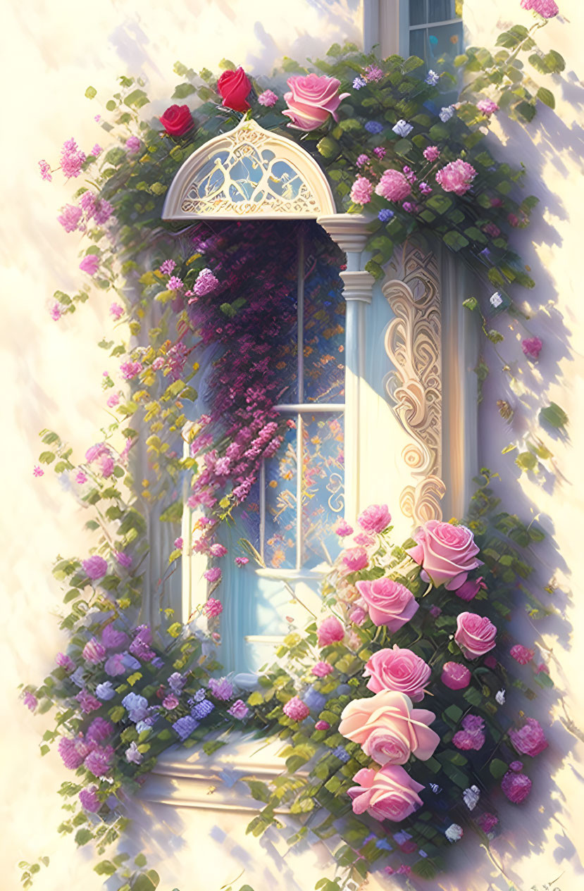 Ornate window with wrought iron balcony and colorful flowers on greenery backdrop