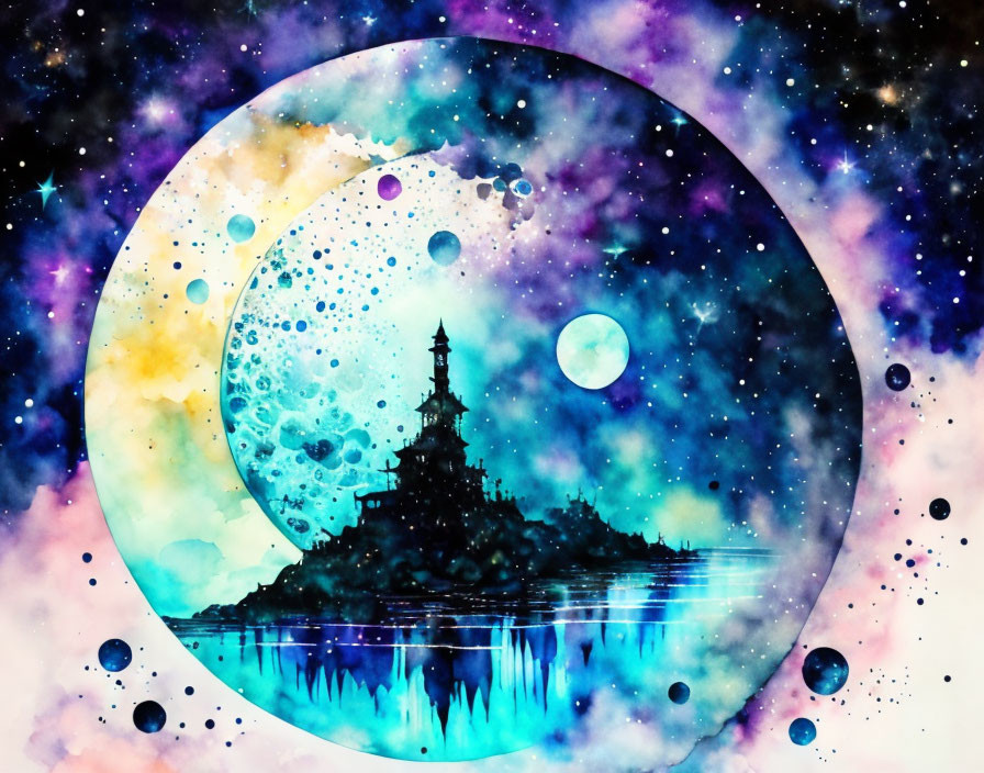 Celestial moon and pagoda watercolor illustration in vibrant colors