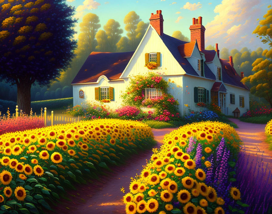 Charming cottage surrounded by vibrant flowers at sunset